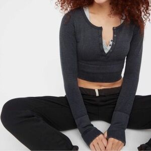 Offline by Aerie Main Squeeze Seamless Waffle Dark Gray Crop Waffle Henley